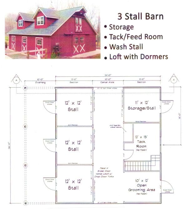 A red barn with three stalls and a loft.