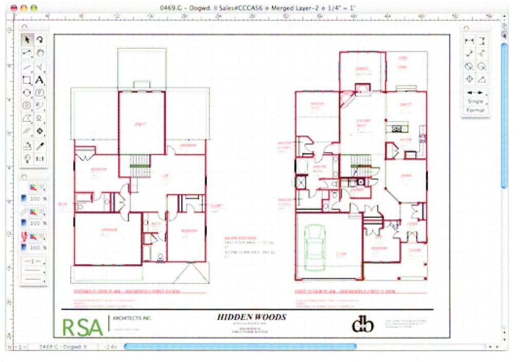 A floor plan of two different homes with the same color scheme.