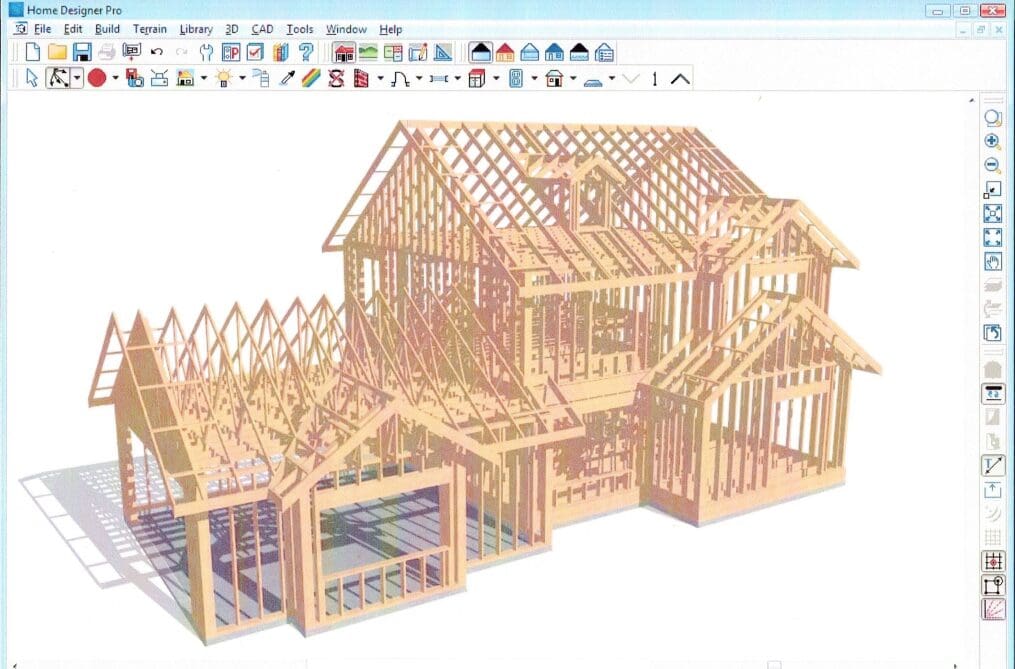 A computer rendering of a house with all the wood framing in progress.