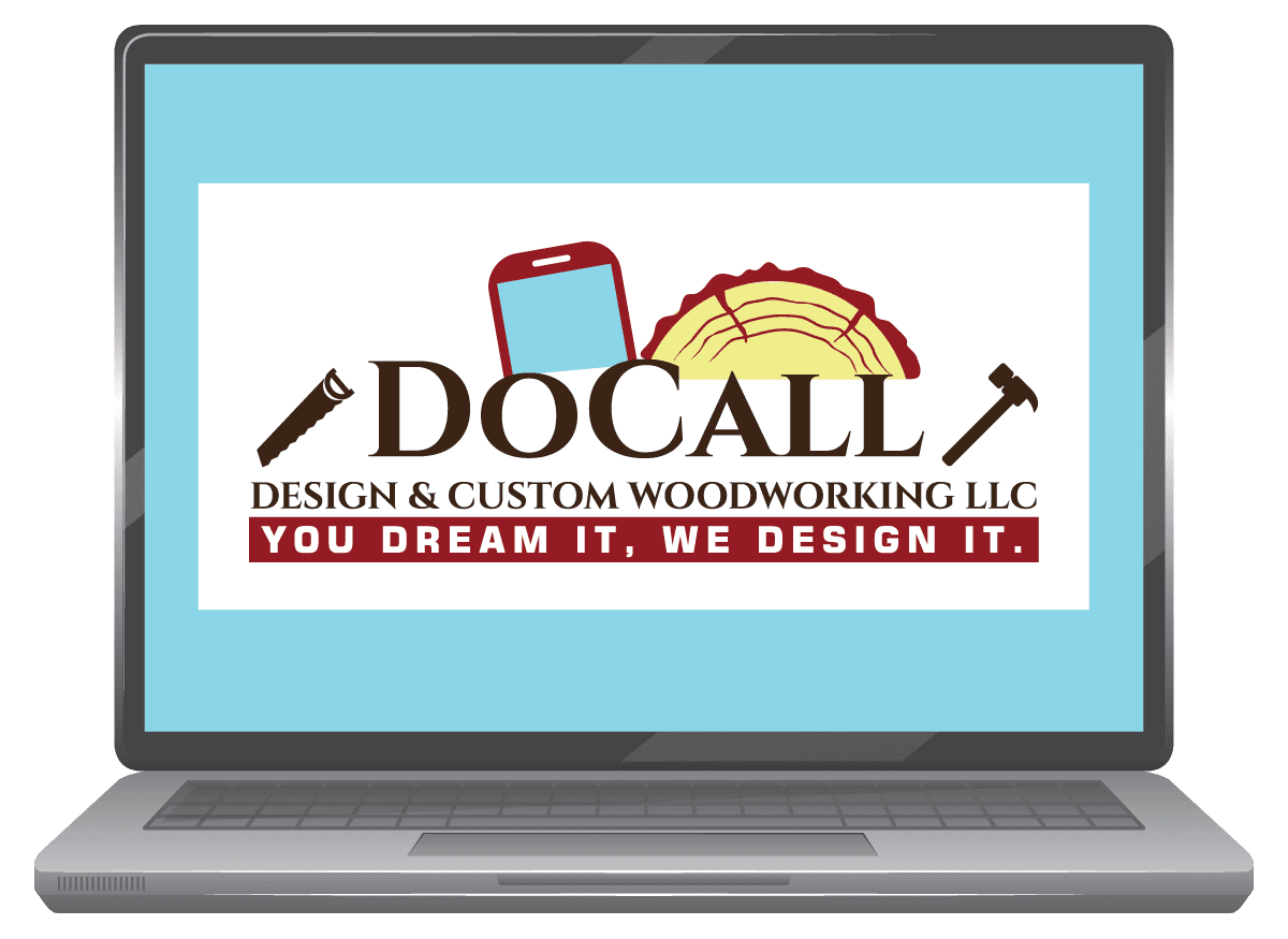 A laptop with the logo of docall design and custom woodworking.